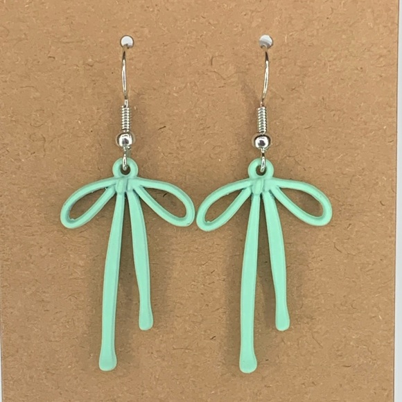 Fashion Jewelry Jewelry - Pastel Green Gloss Coated Metal Bow Pendant Earrings Fashion Jewelry
